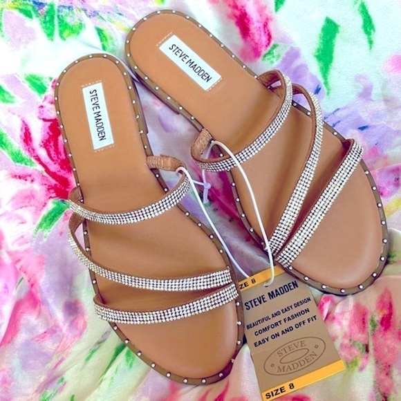 Brand New Steve Madden Rhinestone Multi Strap Slides Sandals Sparkle Studded - Picture 11 of 11